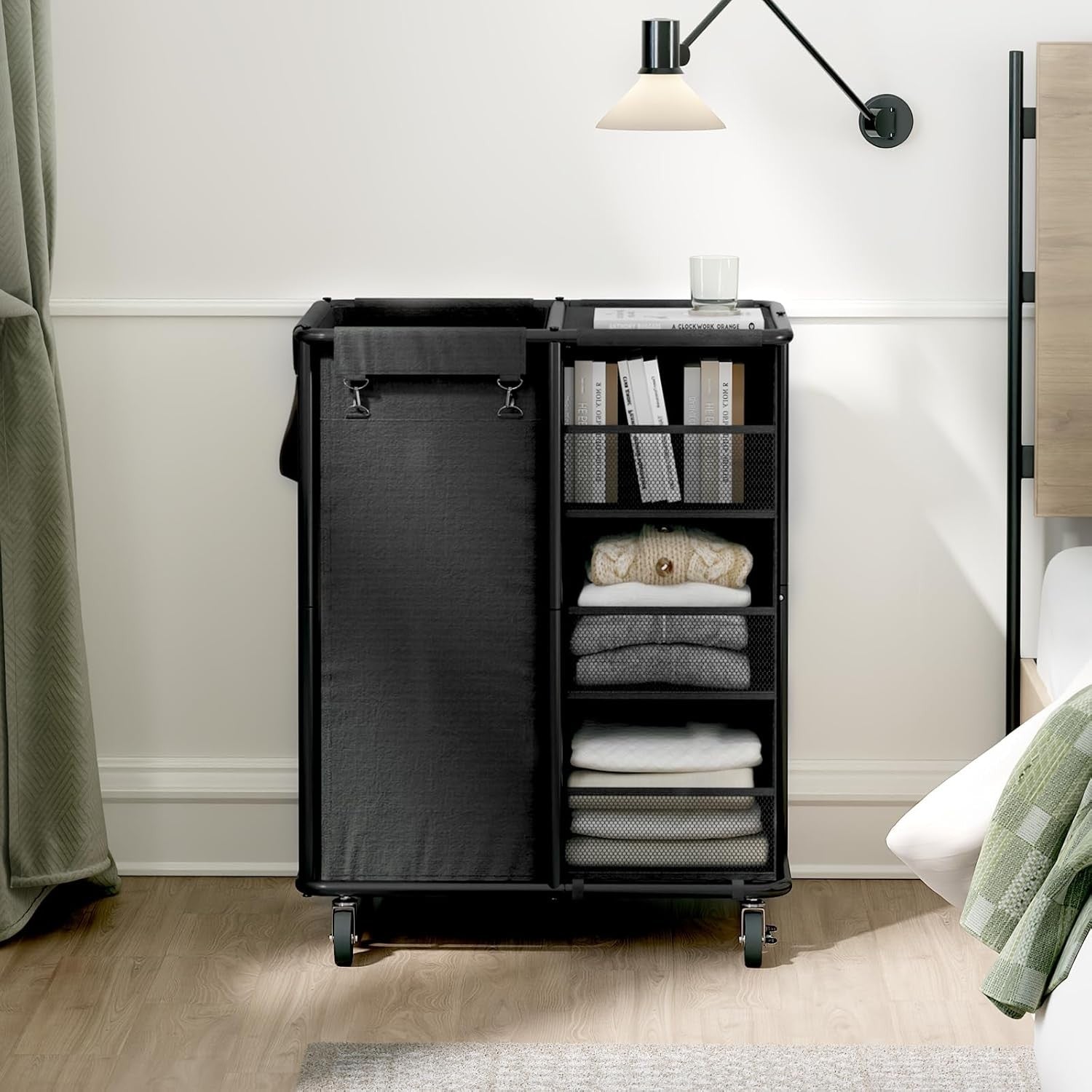 100L Rolling Laundry Sorter with Wheels Hanging Bag & Storage Shelves Black