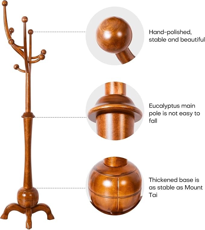 Solid Wood Coat Rack 180cm Tree Design Stand with 8 Hooks Light Brown