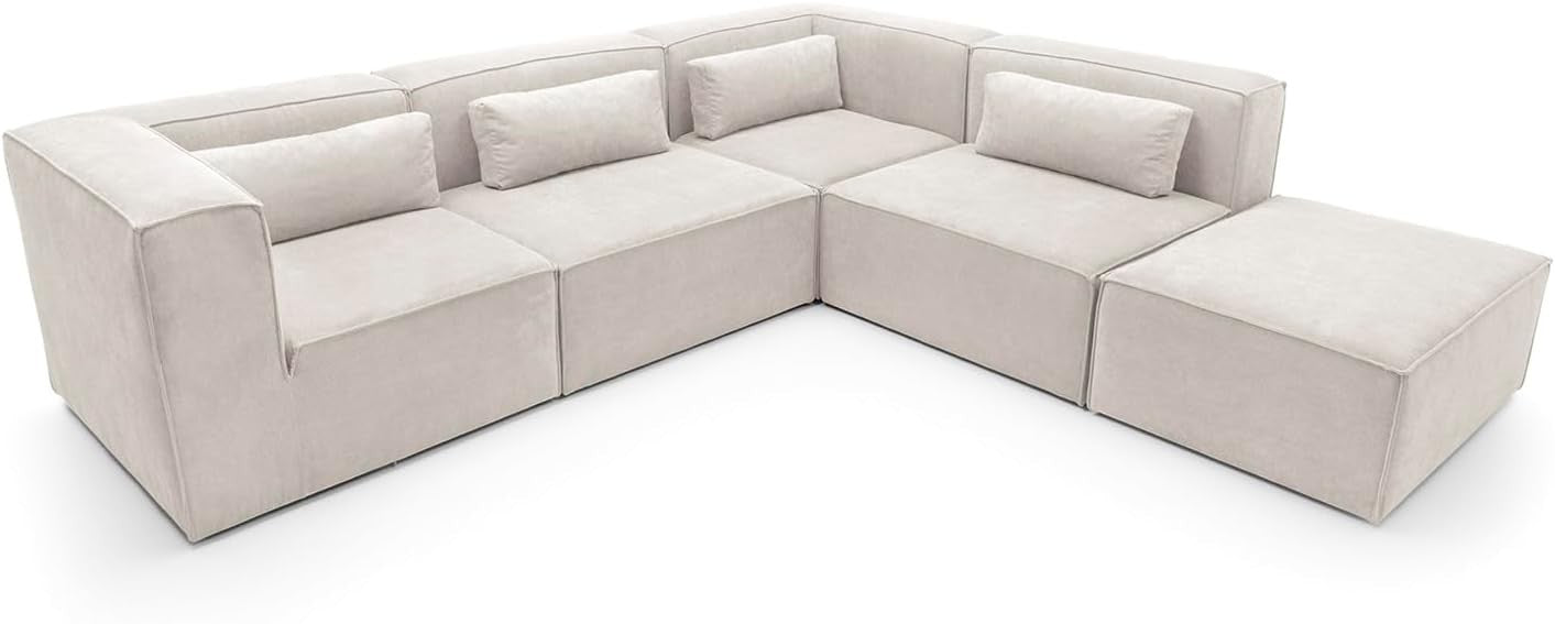 White Cord Chenille L-Shape Large Corner Sofa 5 Seater Modular Doris