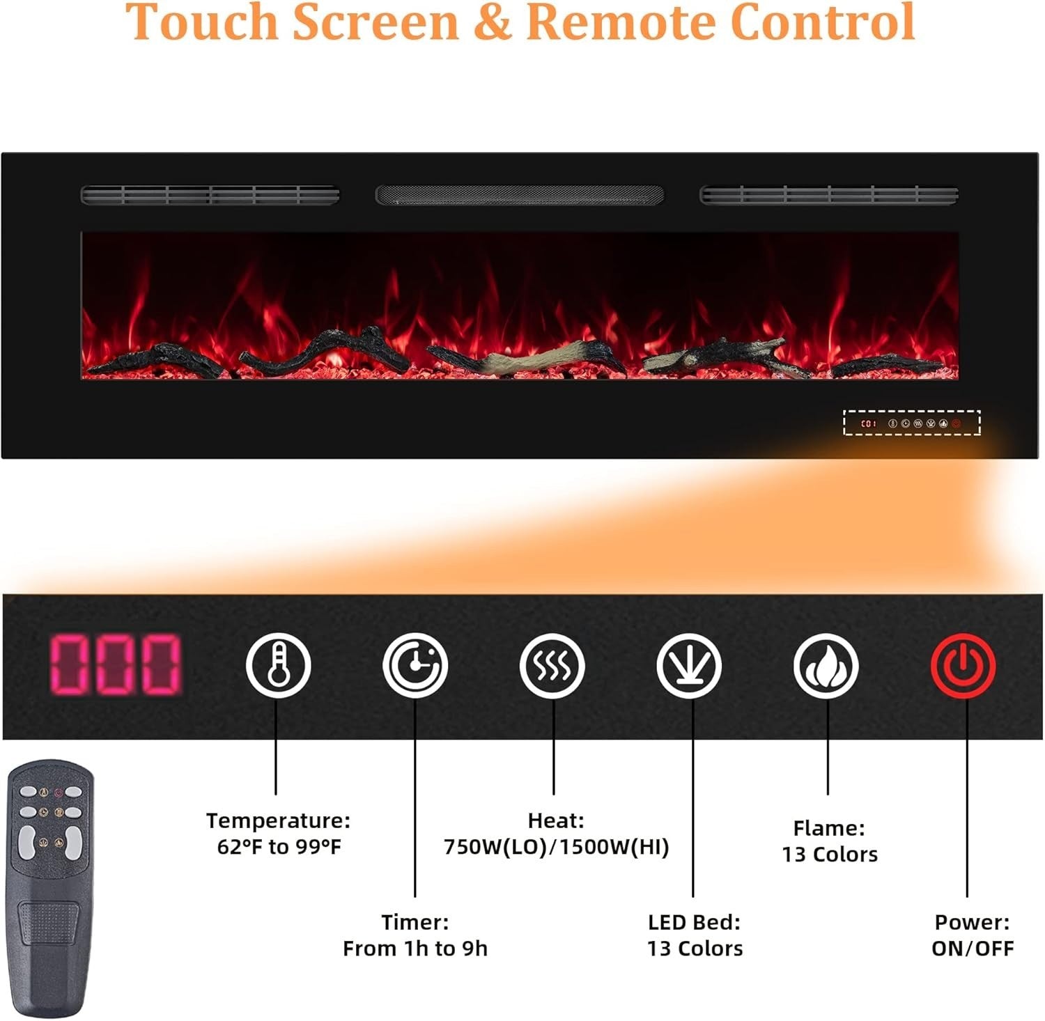 172cm Wall Mounted Electric Fireplace Heater LED Flame Timer Remote