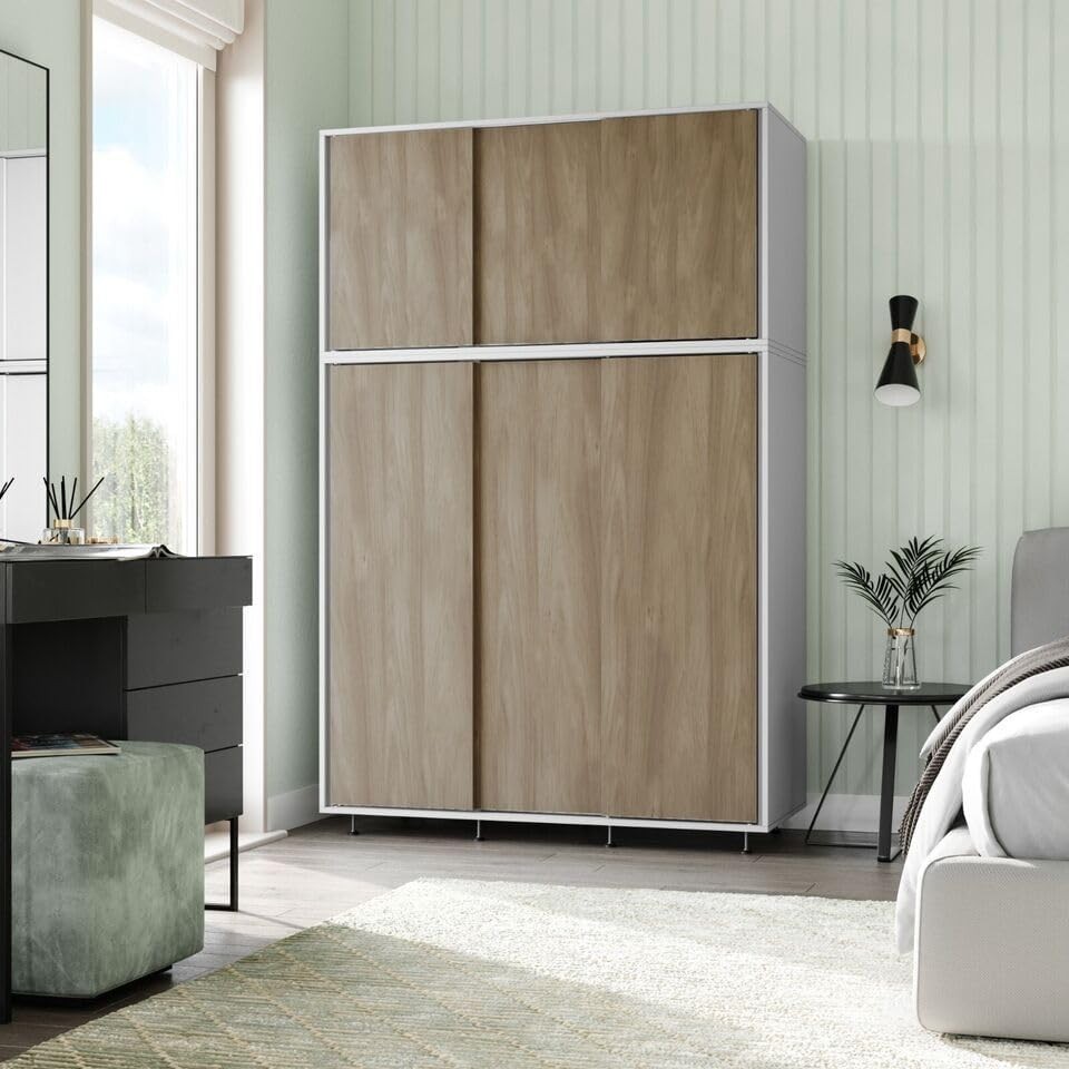6-Door Oak Sliding Wardrobe | Modern Spacious Bedroom Storage Closet