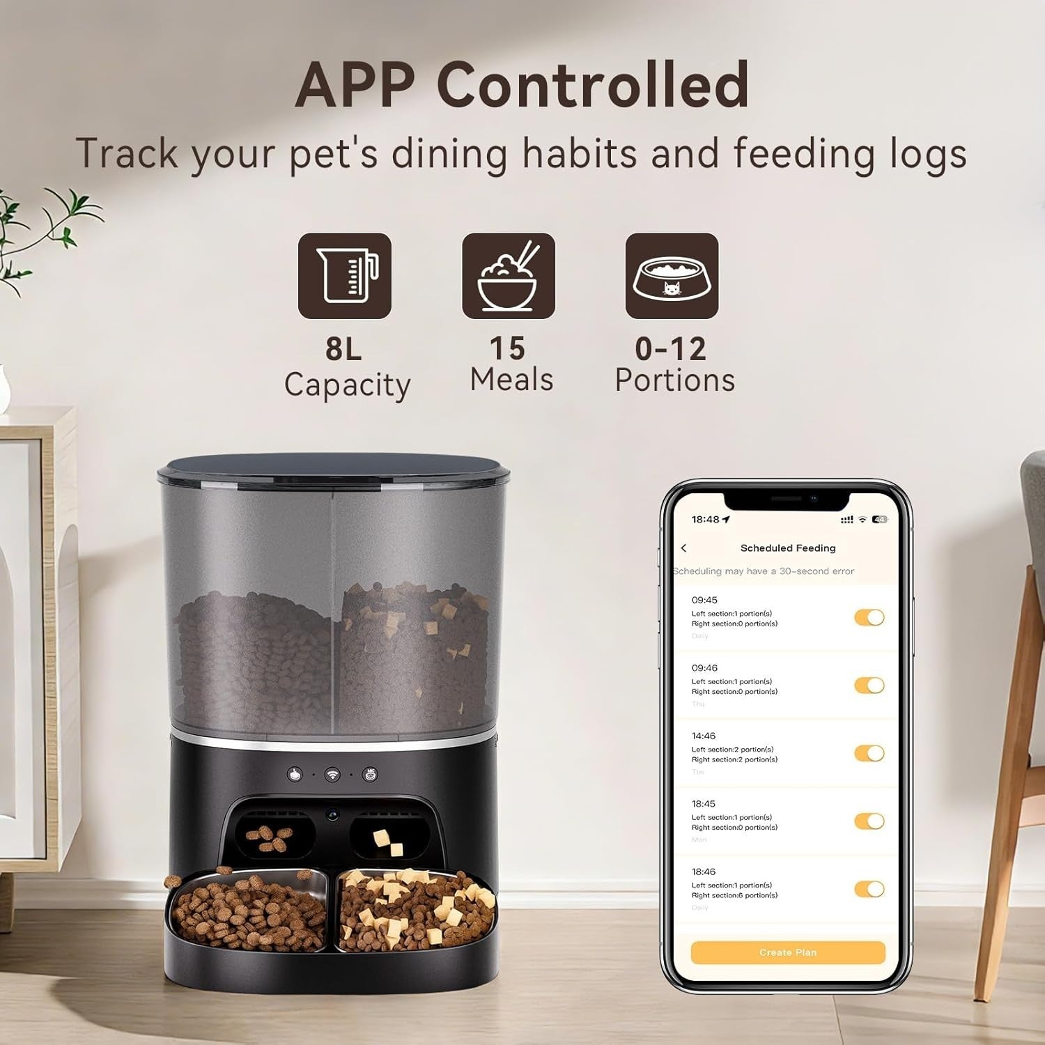 WiFi Pet Feeder with Camera 8L Dual Bowl HD Monitor Auto Food Dispenser
