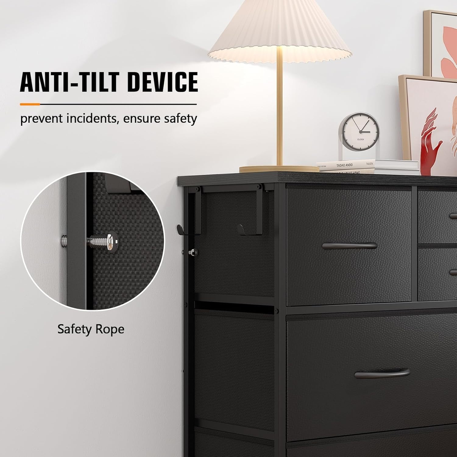 Black 10 Drawer Tall Chest with Fabric Drawers, Hooks & Side Storage Pockets