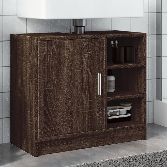 Brown Oak Bathroom Sink Cabinet 63x29x55cm – Modern Vanity Unit with Door