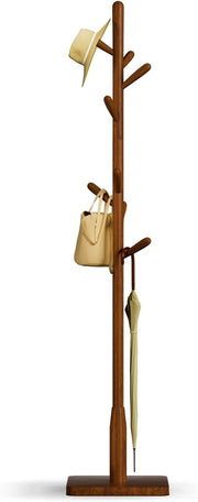 Brown Solid Wood Coat Rack 8 Hooks Square Base Freestanding Hall Stand