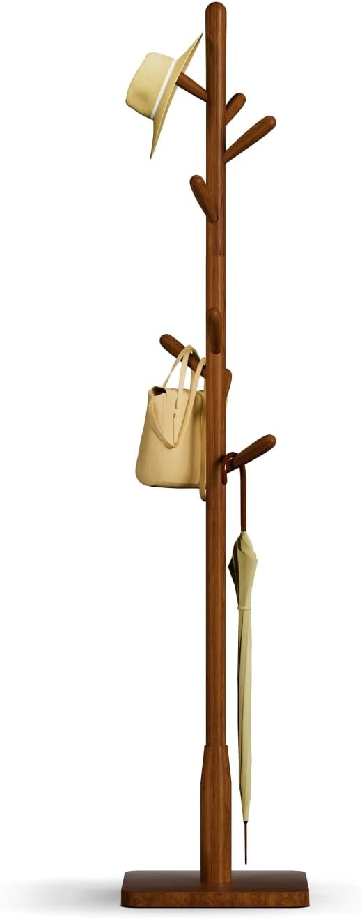 Brown Solid Wood Coat Rack 8 Hooks Square Base Freestanding Hall Stand