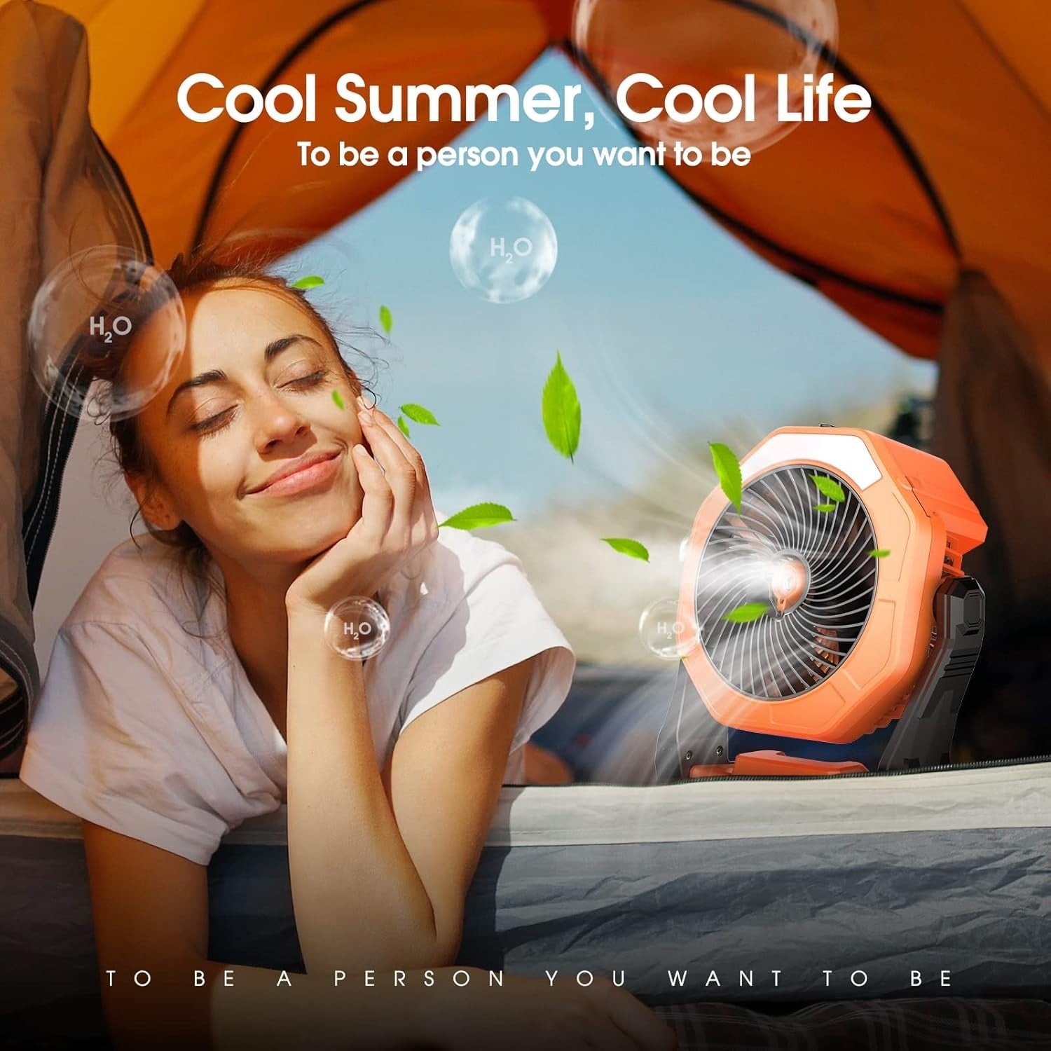Orange 8" Portable Misting Fan – 10000mAh Rechargeable Cooling Fan w/ LED Light