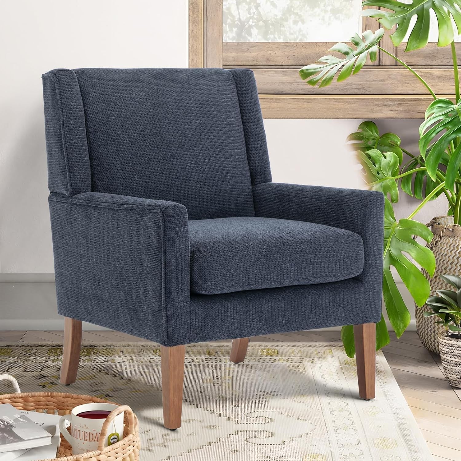 Blue Wingback Accent Armchair Upholstered Lounge Wood Legs