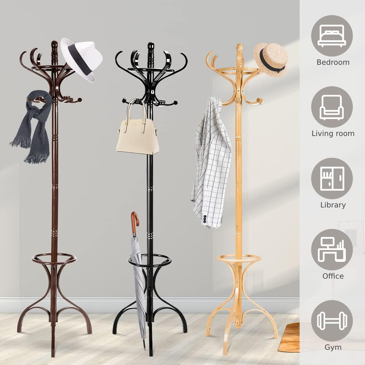 360° Rotating Oak Wooden Coat Rack Stand 12 Hooks Freestanding Hall Tree