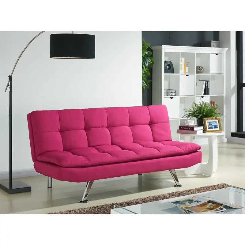 3 Seater Pink Fabric Sofa Bed Recliner | Cube Design Chrome Legs Modern