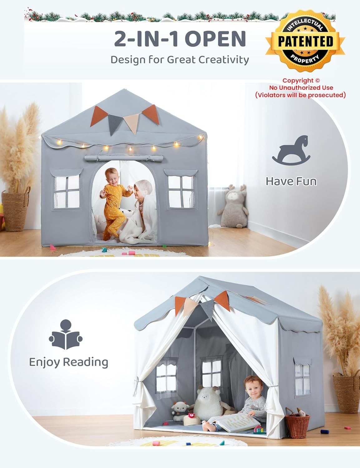 Grey Kids Play Tent Bed Canopy with Lights Padded Indoor Castle