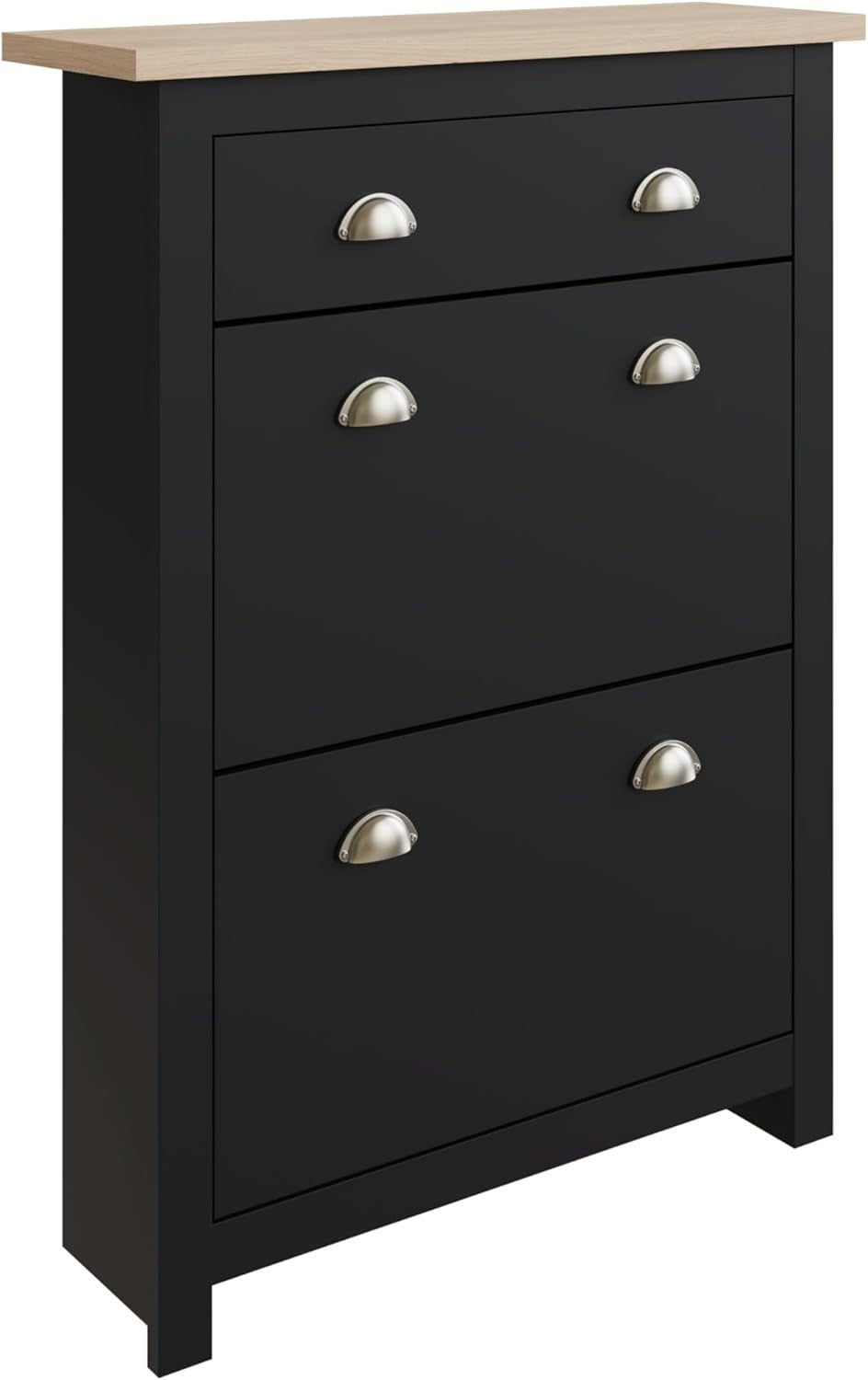 Foldable 2 Door 1 Drawer Shoe Cabinet with Oak Top 78x24x108 cm Black