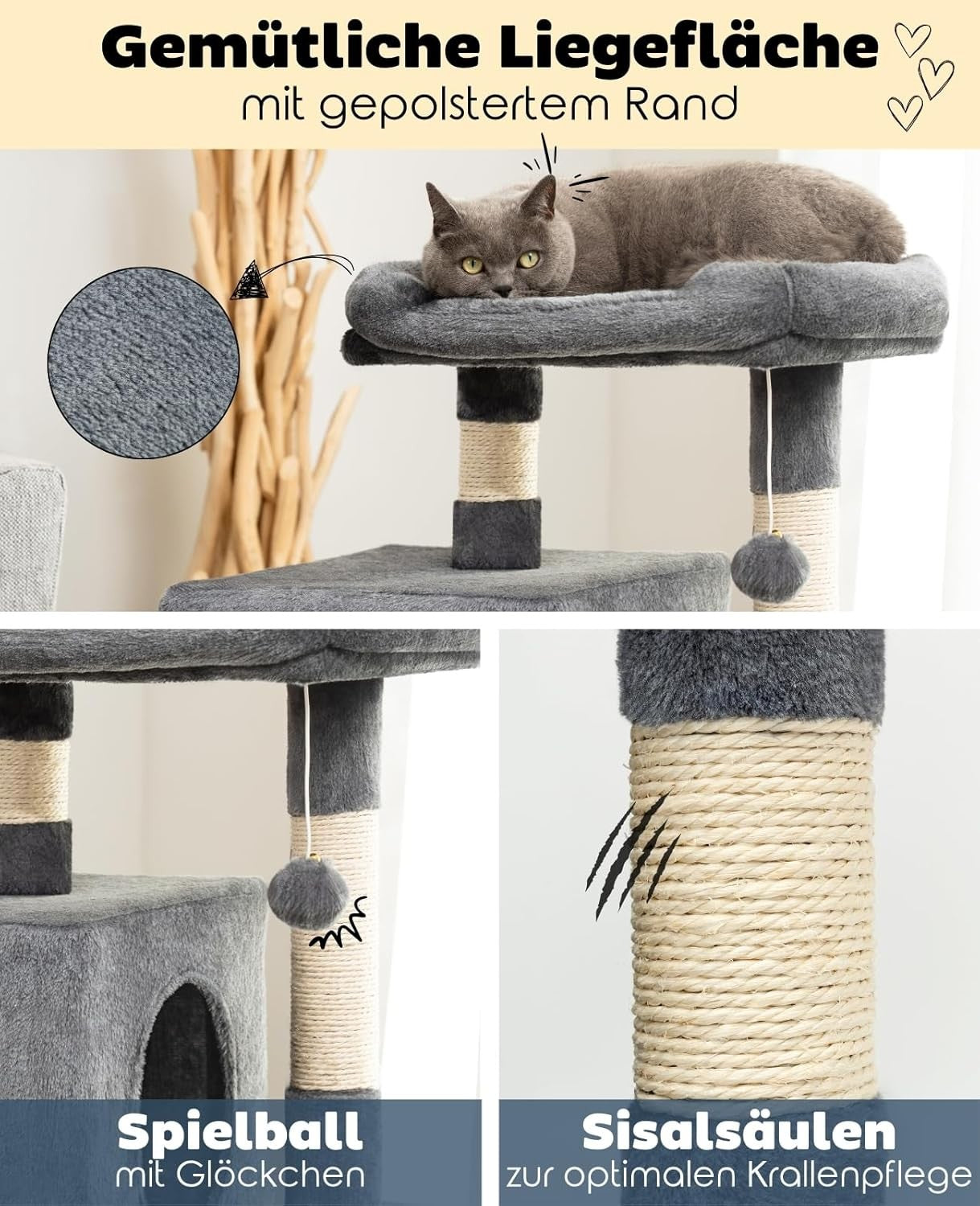 Cat Tree with 2 Condos Scratching Posts Plush Perch 80cm Dark Grey