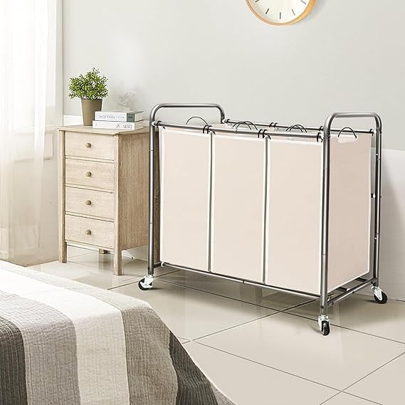 3-Section Rolling Laundry Sorter Cart with Bags & Lockable Wheels Beige 75×43×80