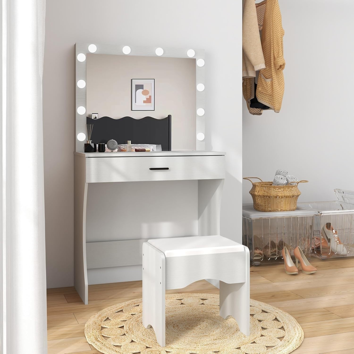 Vanity Table Set Hollywood Mirror Lights Stool Drawer Makeup Desk (77 characters
