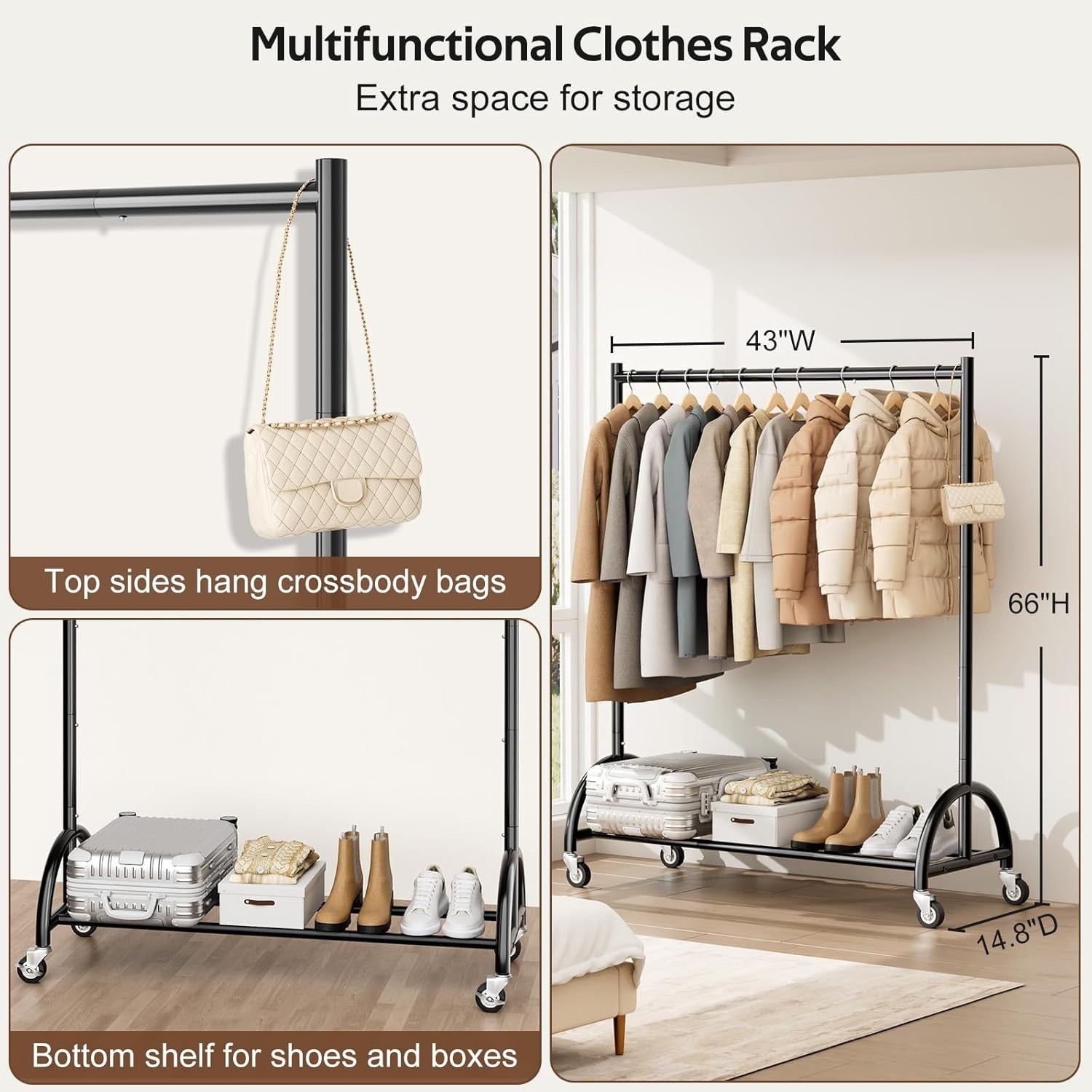 Heavy Duty Clothes Rail on Wheels with Shelf, Metal Rack Black