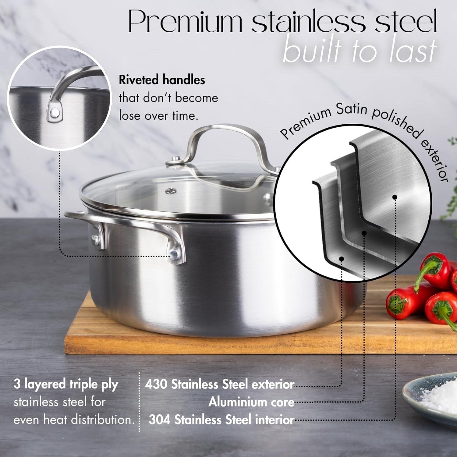4pcs Stainless Steel Induction Casserole Set Non Stick Pots with Glass Lids