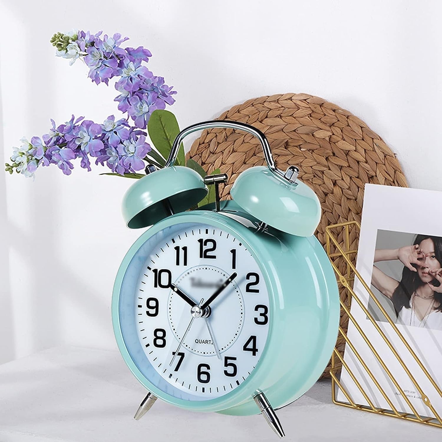 Vintage Twin Bell Alarm Clock Loud Silent Non-Ticking Mint Blue Bedside