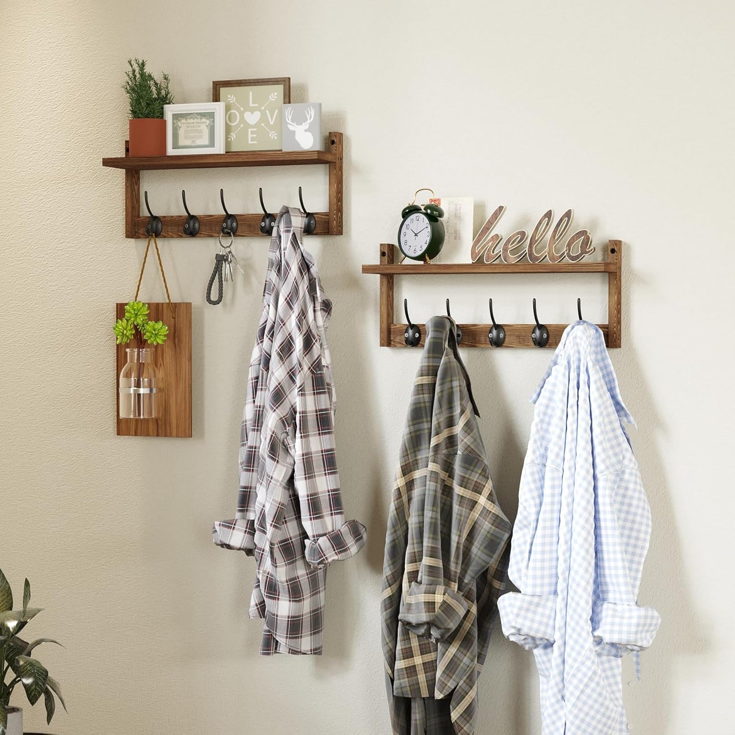 Wooden Wall Hook Rack with Shelf 87cm | 10 Hooks for Coats Hats Bags