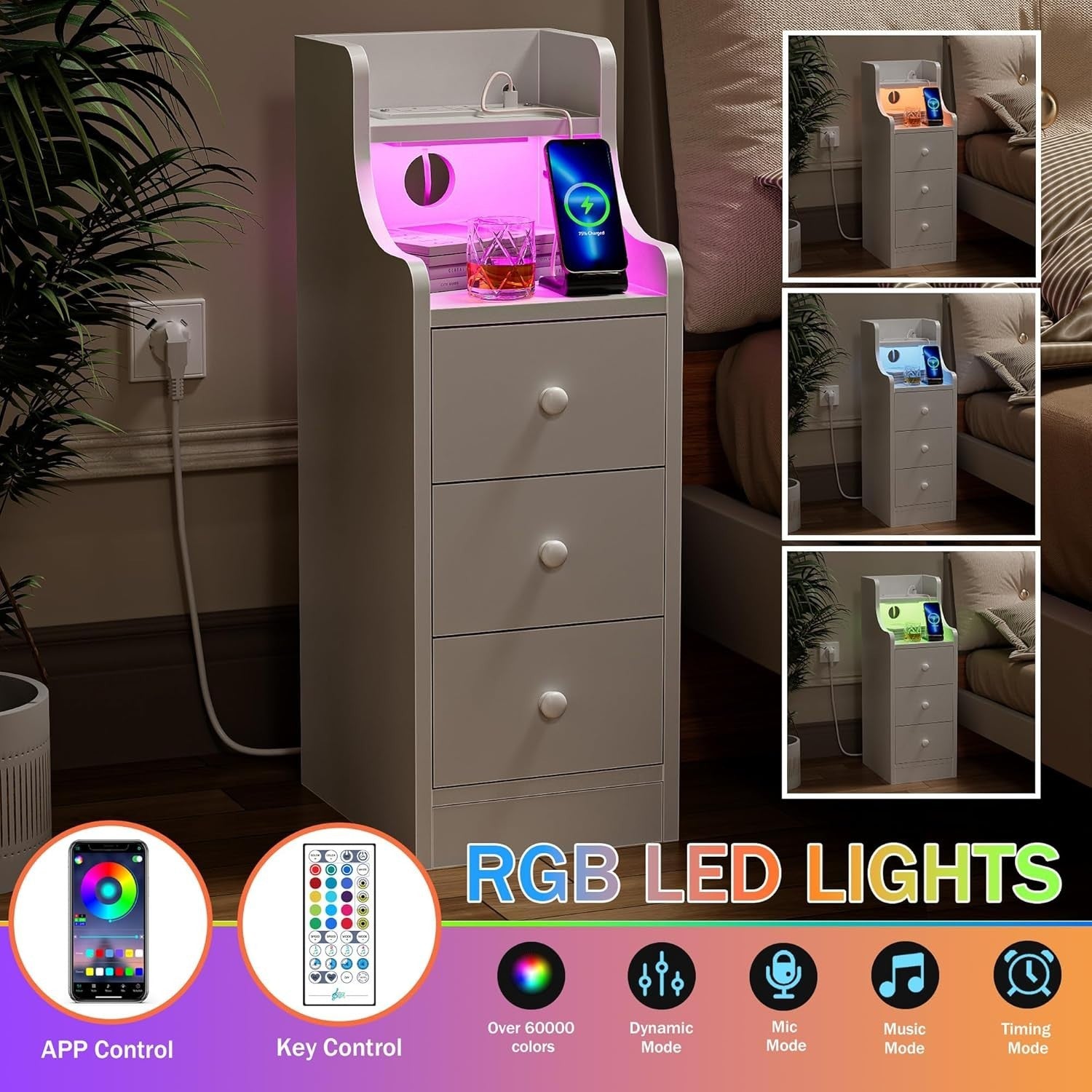 Slim White Bedside Table with RGB LED Lights & Charging Station | 3 Drawer