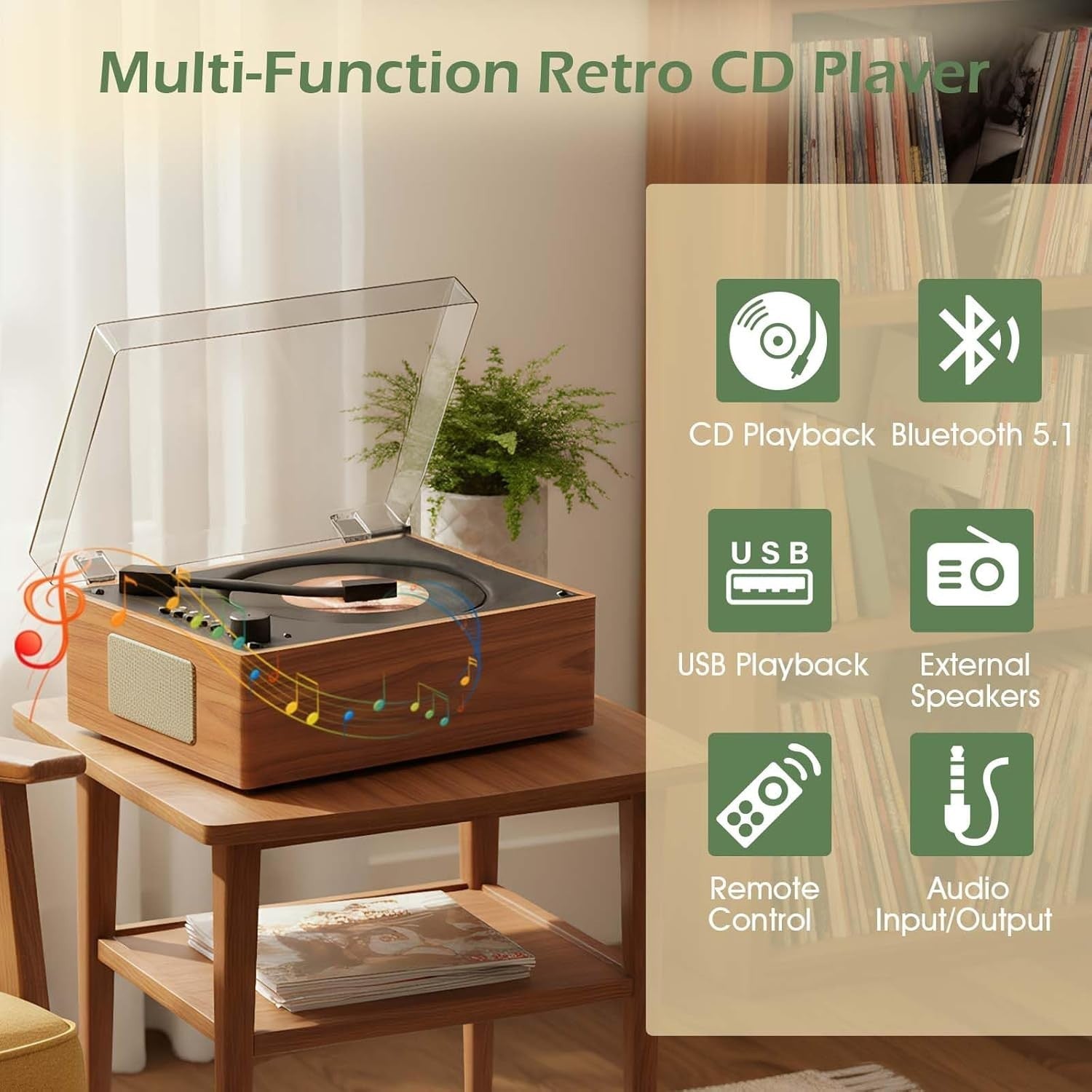 Retro Bluetooth CD Player Desktop Speaker USB Remote Wood Style Brown