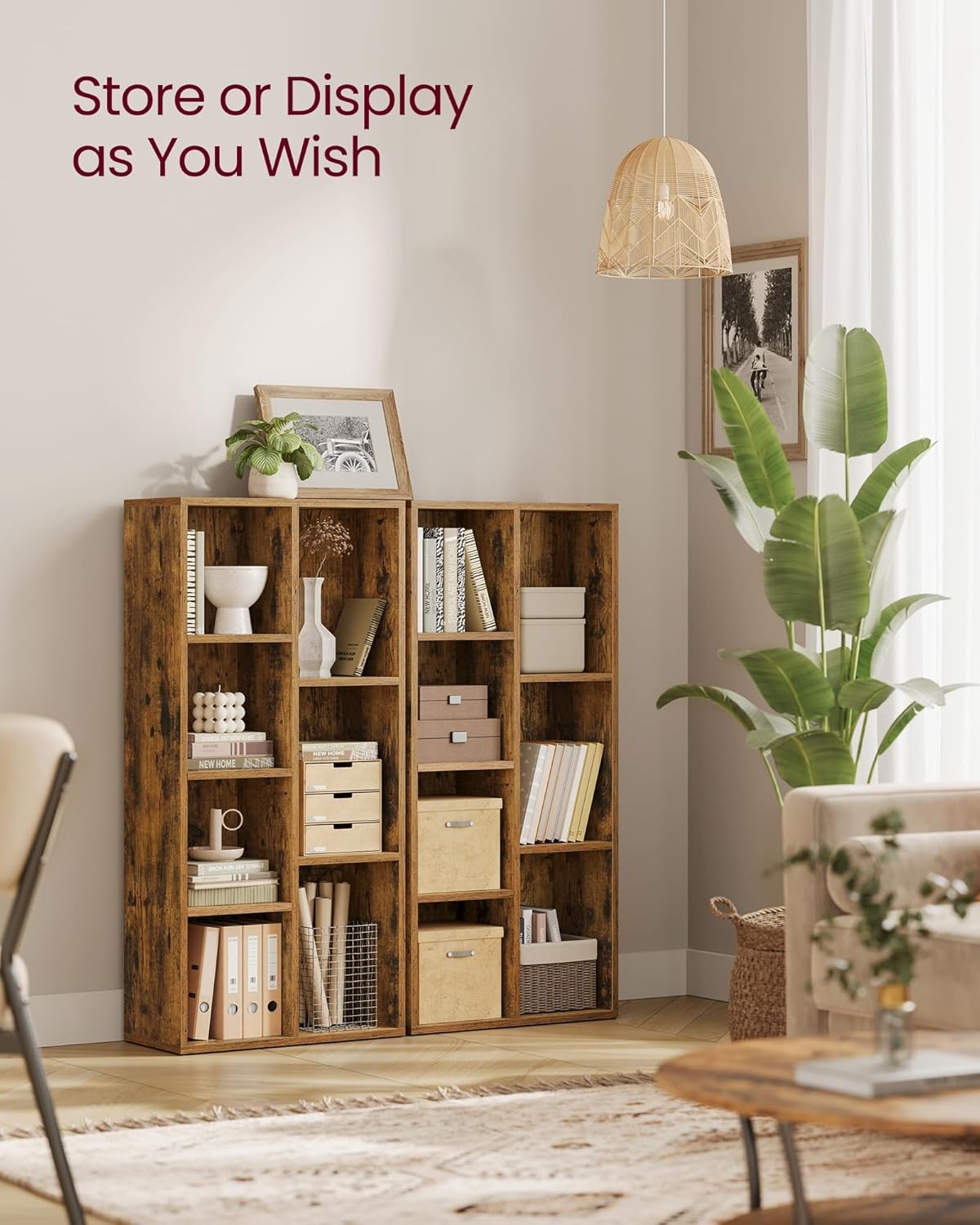 Rustic Brown 7-Compartment Bookcase | Modern Cube Storage Shelf for Home Office