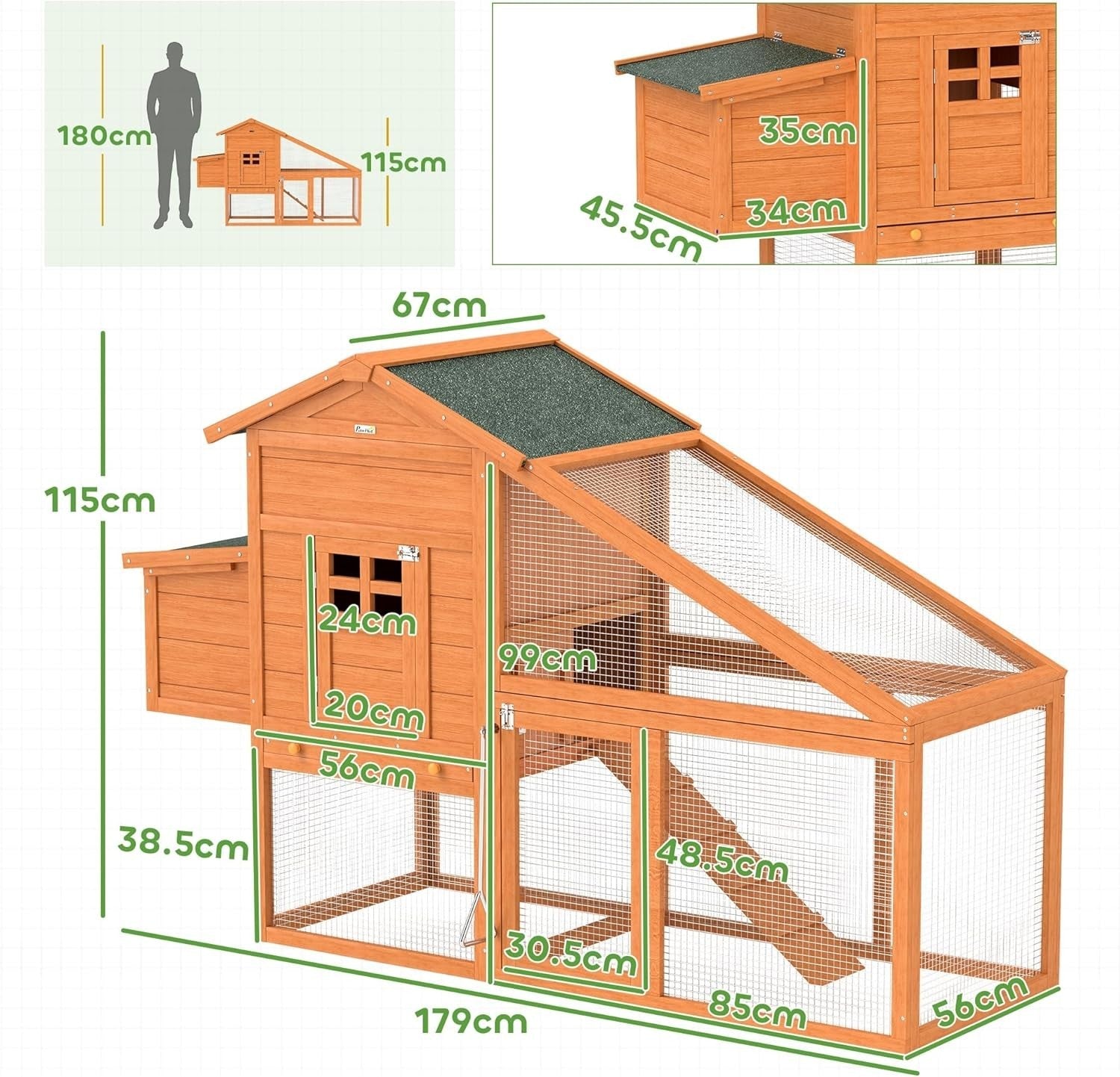 Wooden Chicken Coop with Run Nesting Box Slide Out Tray Ramp 4 Hens