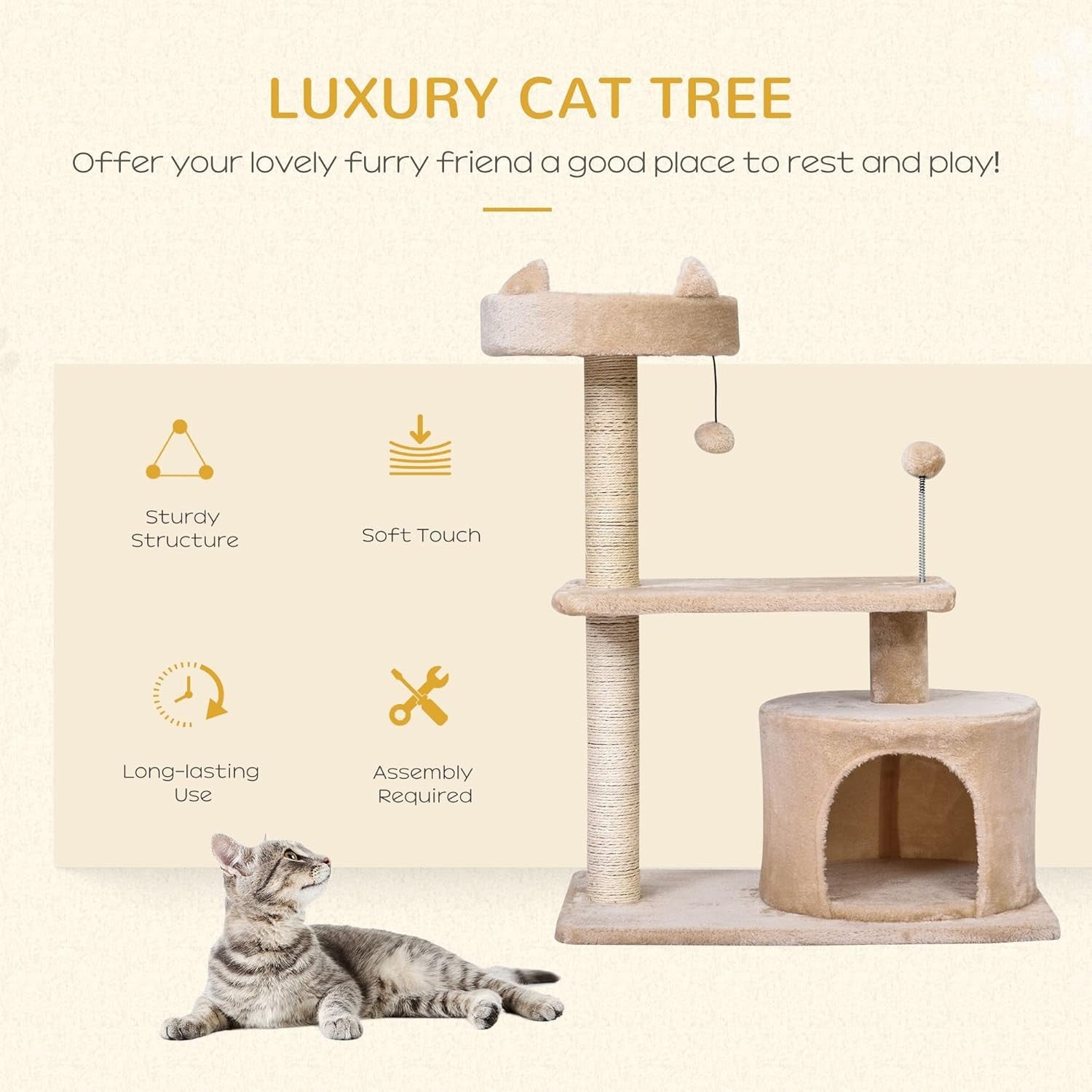 Cat Tree Tower Indoor with Condo Scratching Post Platform 81cm Beige