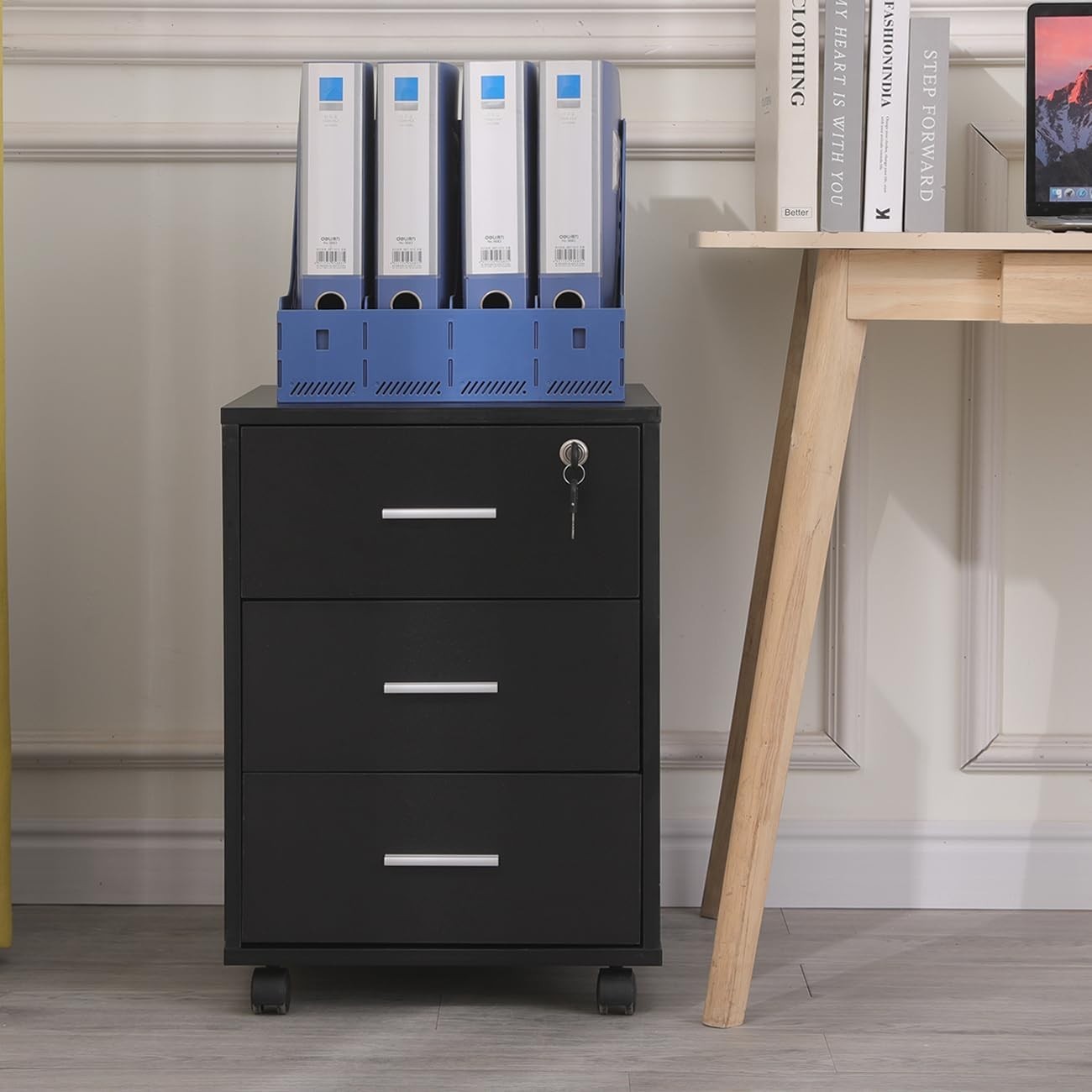 Black Locking Rolling Desk Pedestal 3 Drawer Under Desk File Cabinet