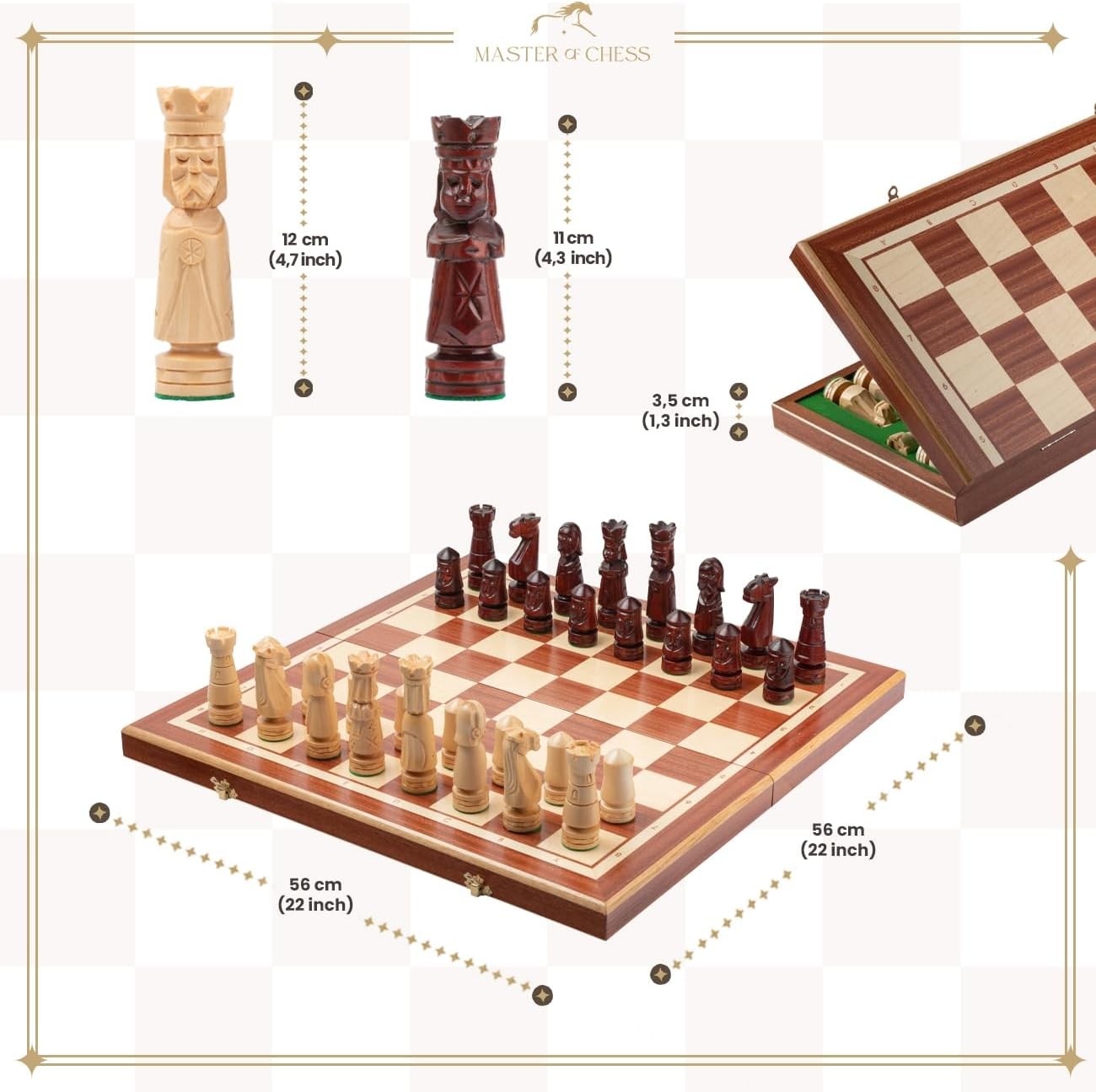 56cm Luxury Inlaid Wooden Chess Set – Handcrafted Folding Board & Tall Weighted