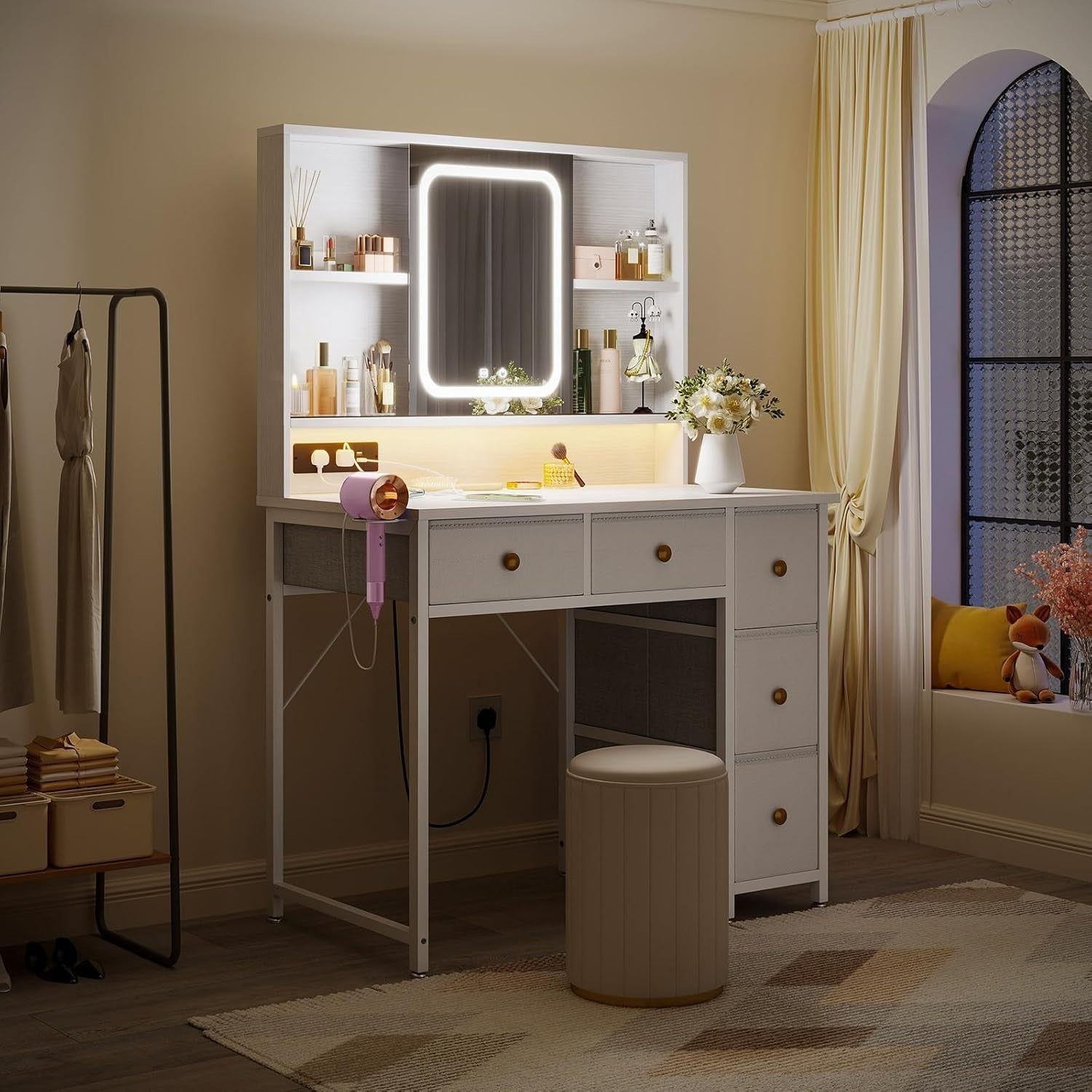 White LED Dressing Table Vanity Desk 5 Drawers RGB Power Outlet Makeup Storage