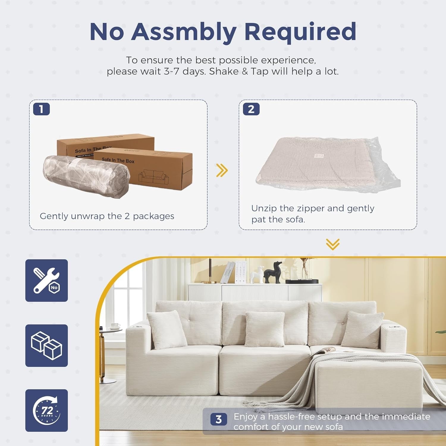 Off-White L-Shaped Corner Sofa | Corduroy, No Assembly, Cup Holder, 3/4 Seater