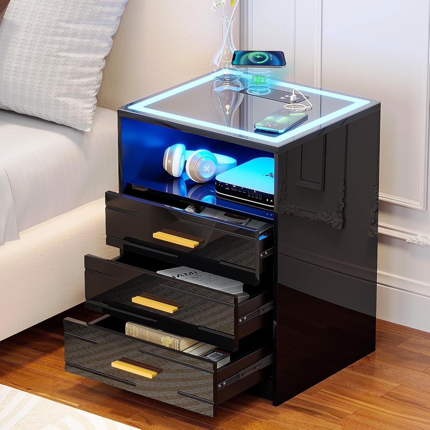 Set of 2 LED Black Bedside Tables with Wireless Charging 3 Drawers