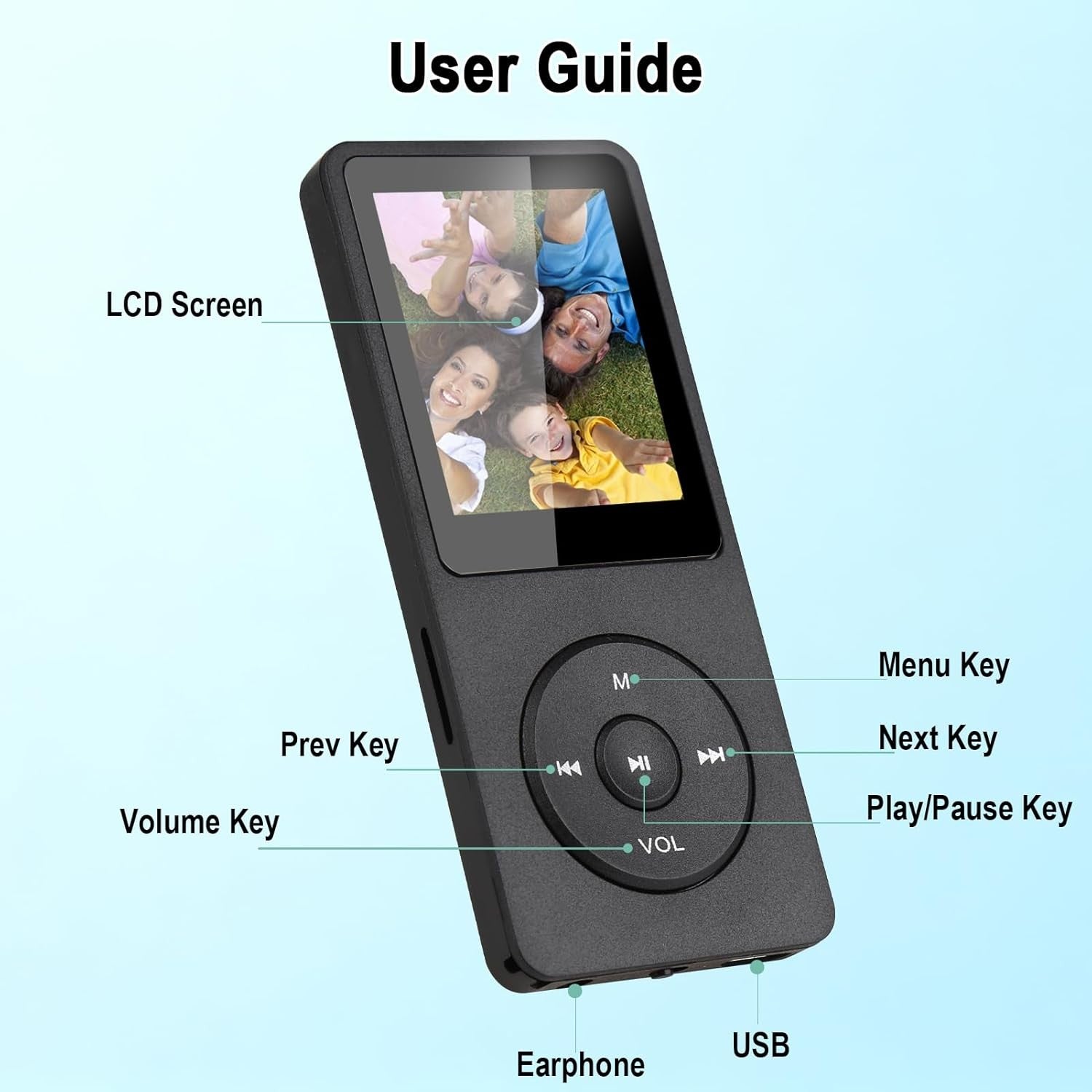 32GB Bluetooth 5.3 MP3 Player Black 1.8" Screen HiFi FM + Earphones