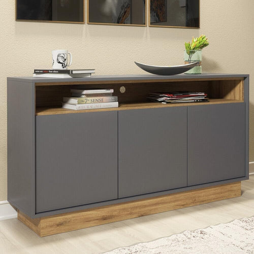 Modern Grey & Oak Sideboard Cabinet 3 Doors Adjustable Shelf Storage Unit