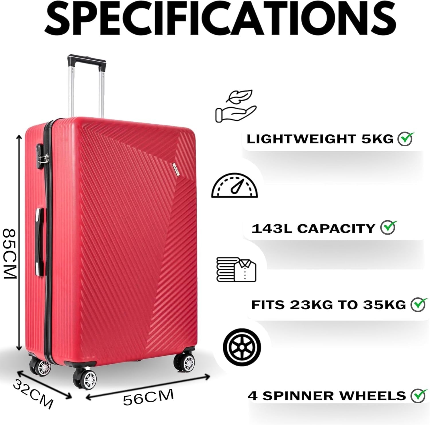 32” Extra Large Check-In Suitcase ABS Hard Shell 4 Wheel Spinner 125L Lock