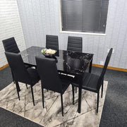 6 Seat Black Marble Effect Glass Dining Table & 6 Chairs Modern Set