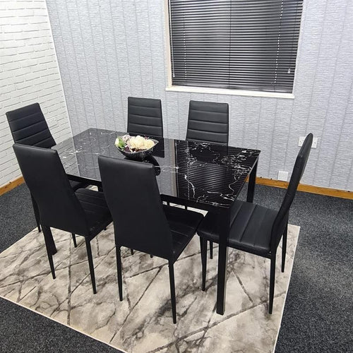 6 Seat Black Marble Effect Glass Dining Table & 6 Chairs Modern Set