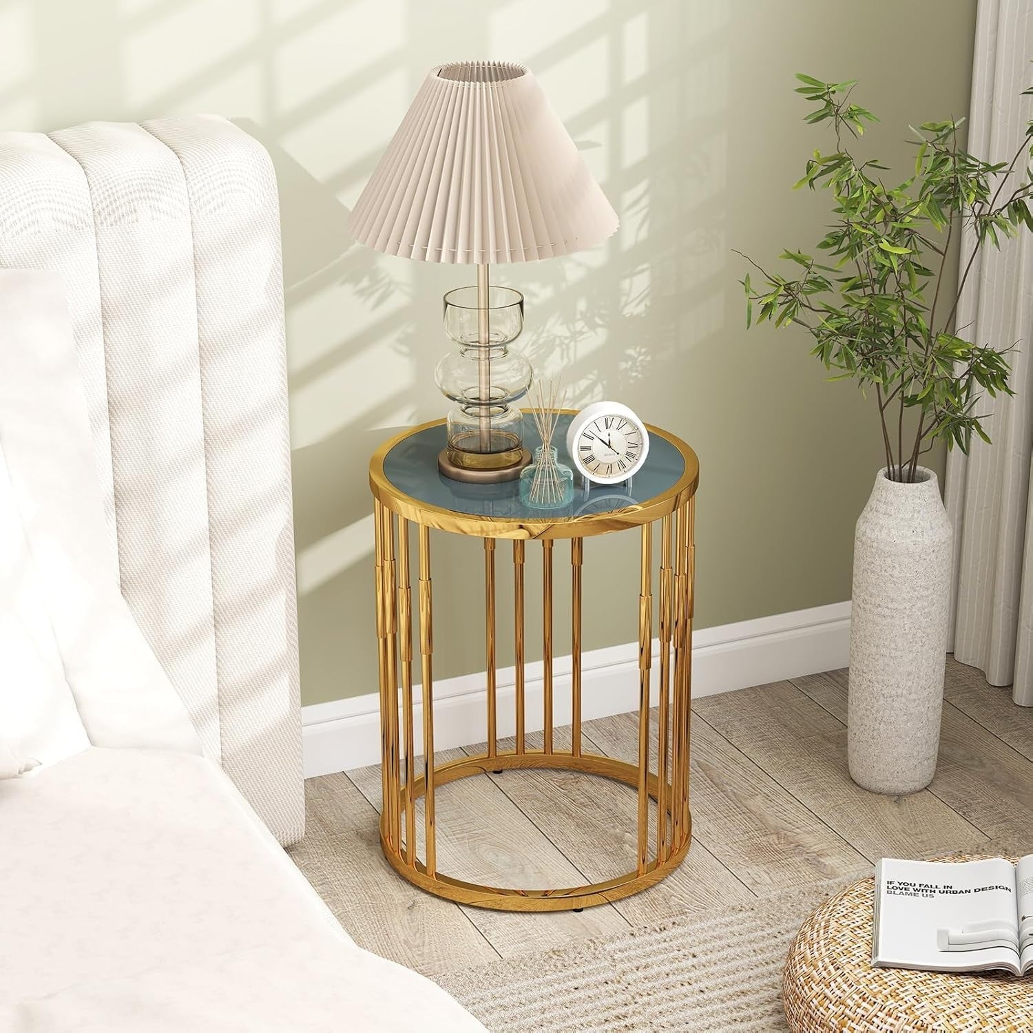 Round Gold Side Table with Glass Top | Modern Accent Sofa End Table 40cm