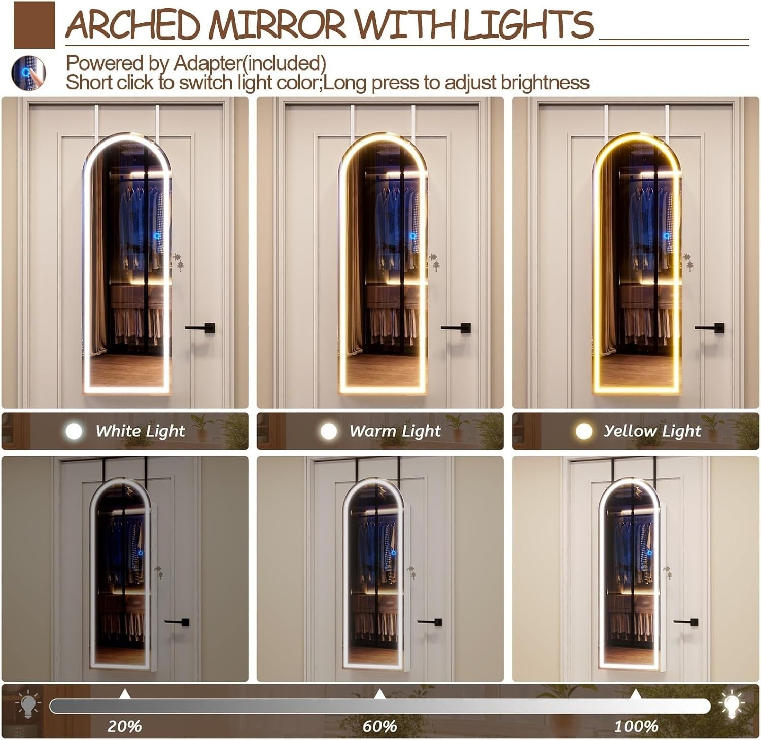LED Arched Jewelry Armoire Wall or Door Mounted Lockable Mirror White