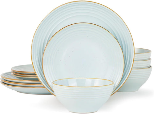 12pc Stoneware Dinner Set Light Blue Gold Rim Plates Bowls Dishwasher Safe