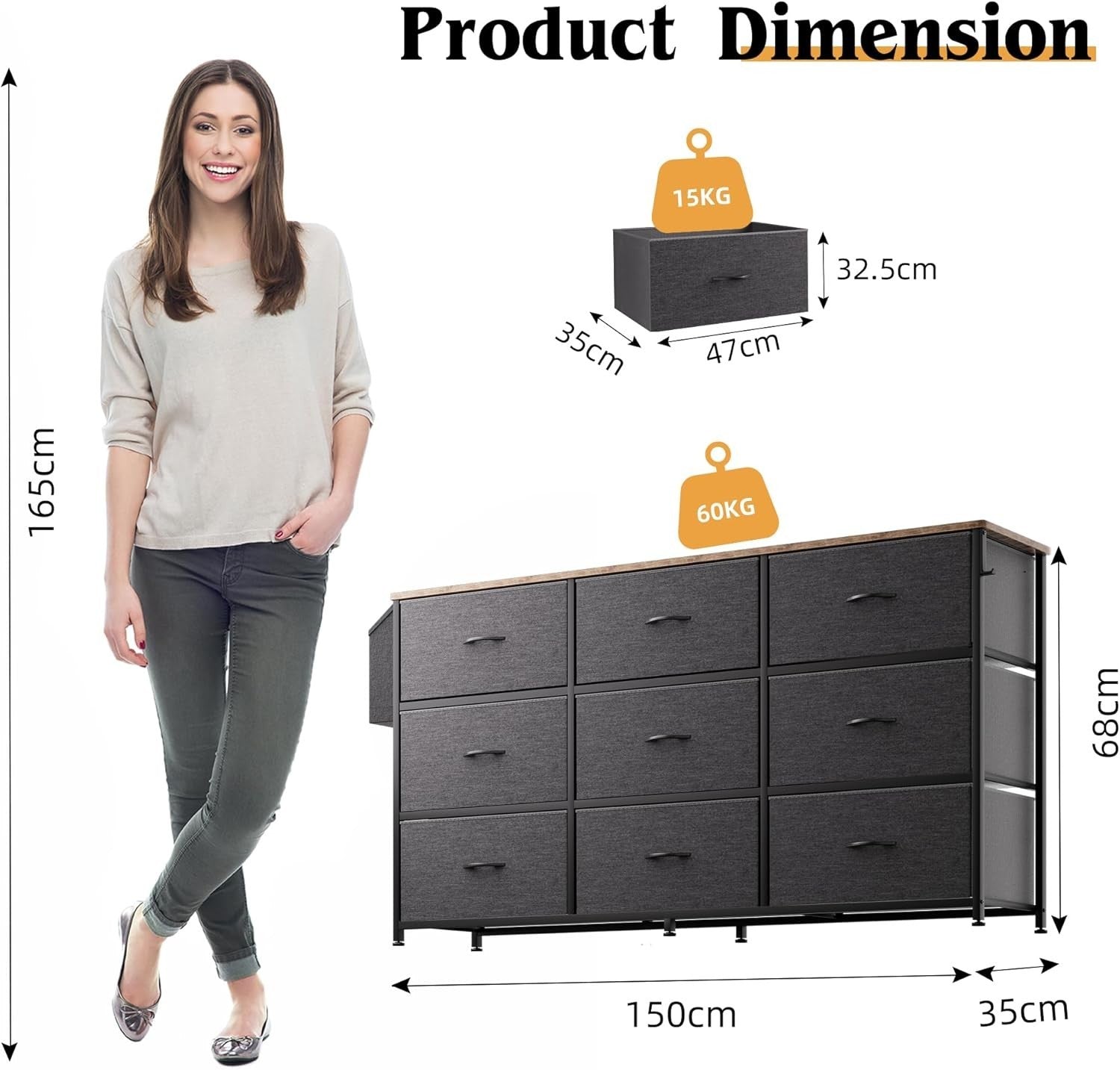 9-Drawer Fabric Dresser with Built-In Power Sockets TV Stand Storage