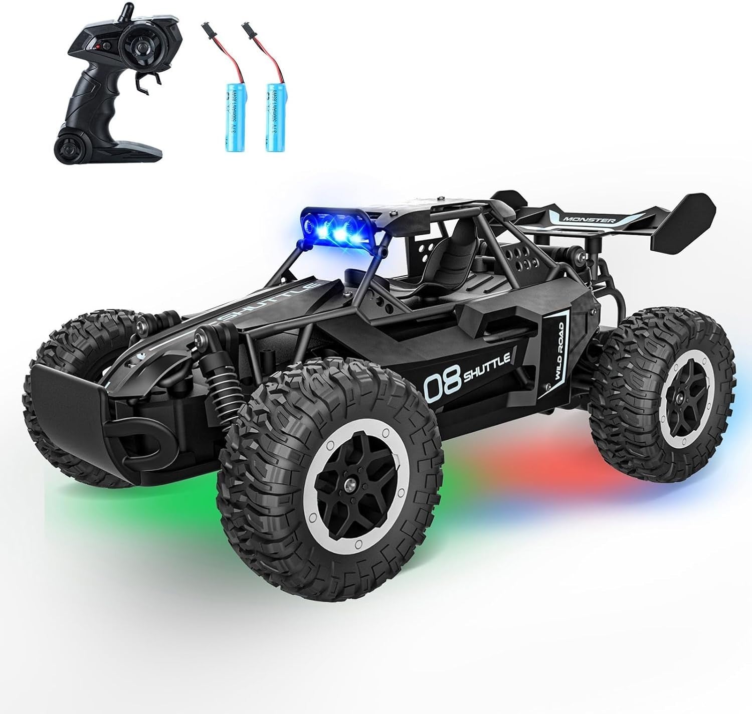 High-Speed 2WD RC Car for Kids with LED Lights & 2 Batteries – Black