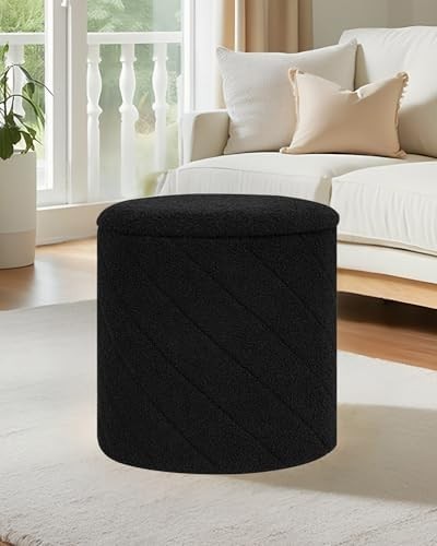 Black Round Storage Ottoman Footstool 3-in-1 Seat with Lid 43x43x45cm