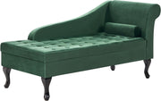 Velvet Right Hand Chaise Lounge with Storage & Cushion, Wooden Legs, Dark Green