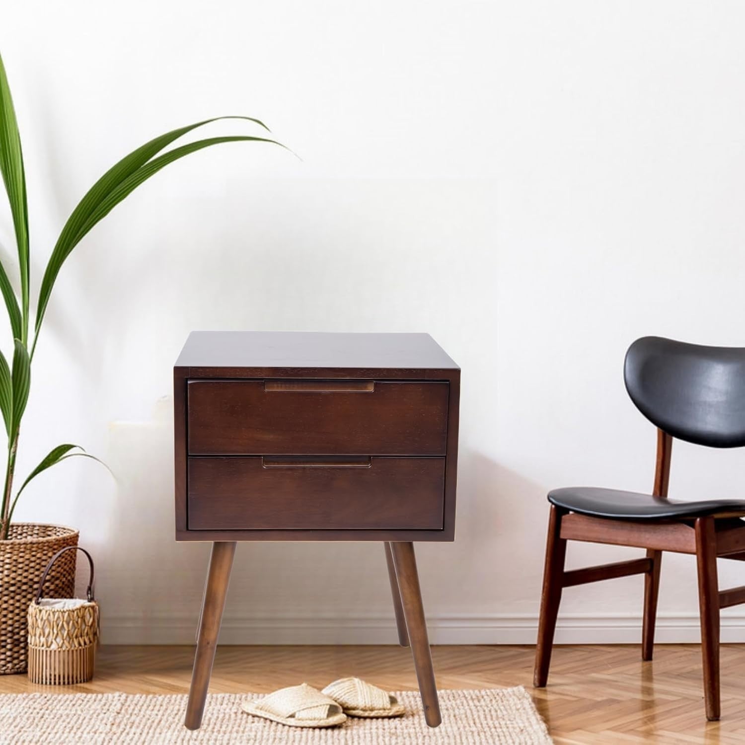 Modern Walnut Bedside Table with 2 Drawers Wooden Nightstand Bedroom Storage