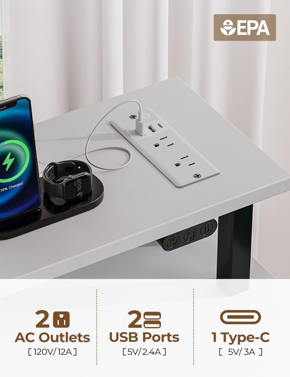 White 137cm Computer Desk w/Drawers, LED Lights & Power Outlets Workstation
