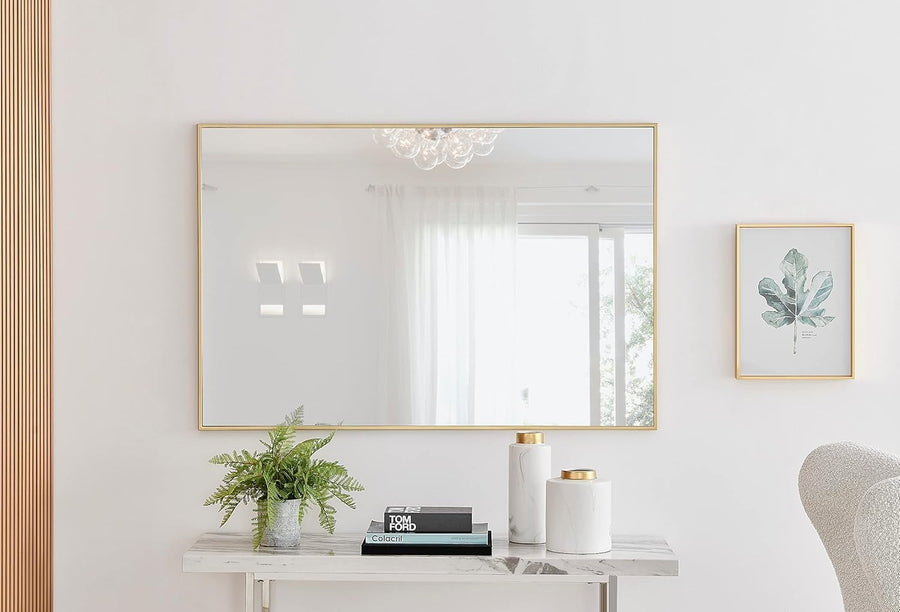 Large Gold Wall Mirror 120x80cm Modern Rectangular Glam for Hall or Lounge