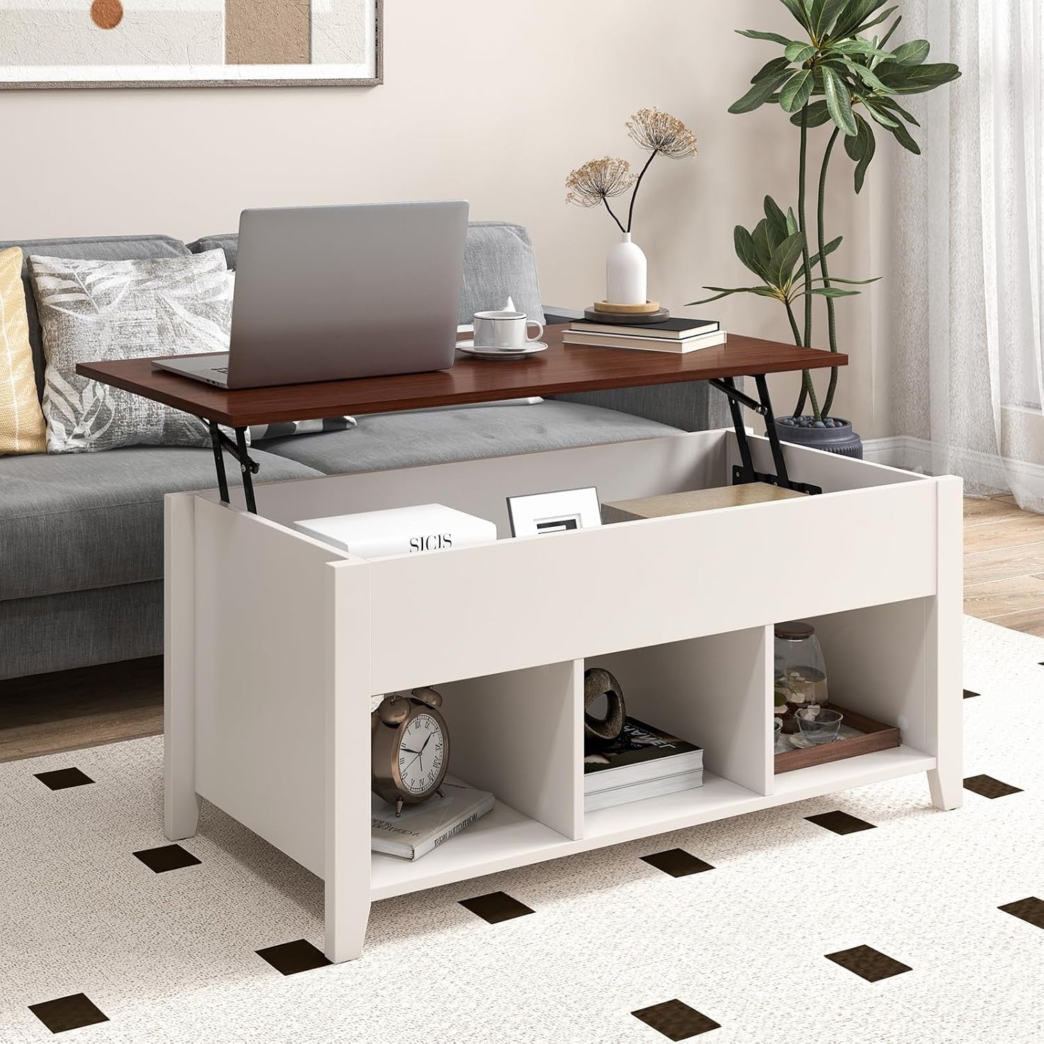 Lift Up Coffee Table with Hidden Storage & 3 Open Cubes, 105x52x49cm
