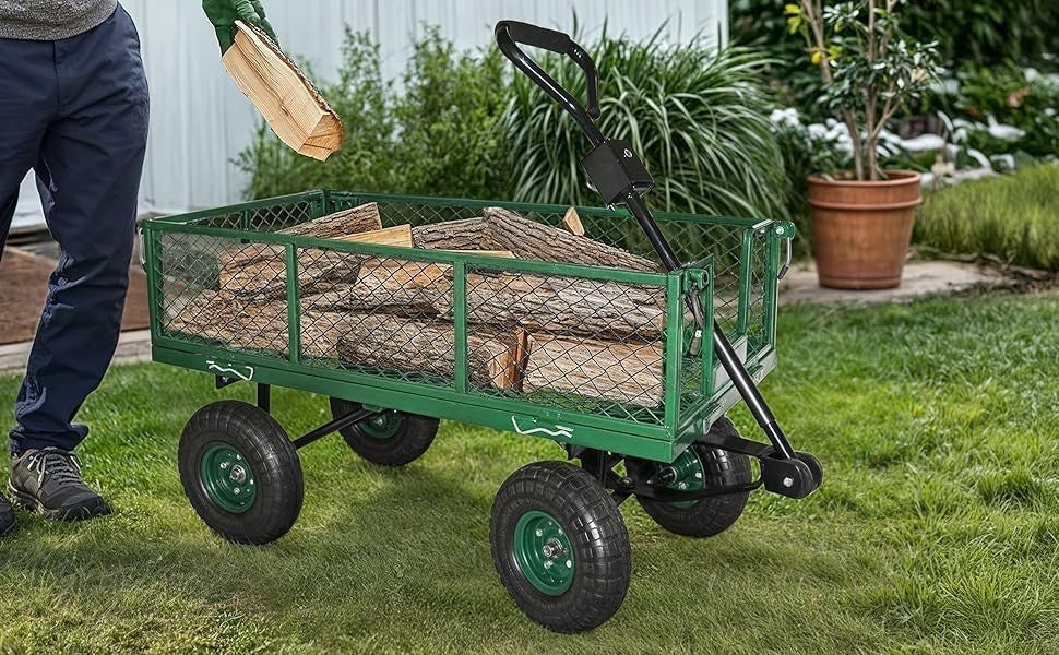 75L Lightweight Garden Dump Cart Wagon with 180° Handle & Pneumatic Wheels Green